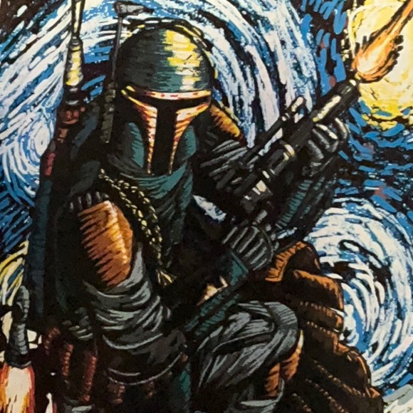 Star Wars Upcycled Boba Fett/Van Gogh Starry Night Shirt XL 23” p2p - Picture 5 of 8